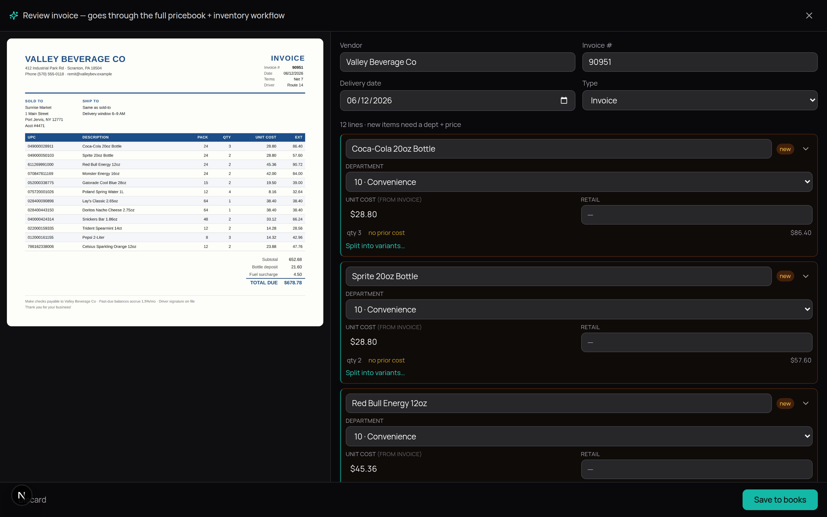 AI invoice reader — photographed invoice parsed into editable line items