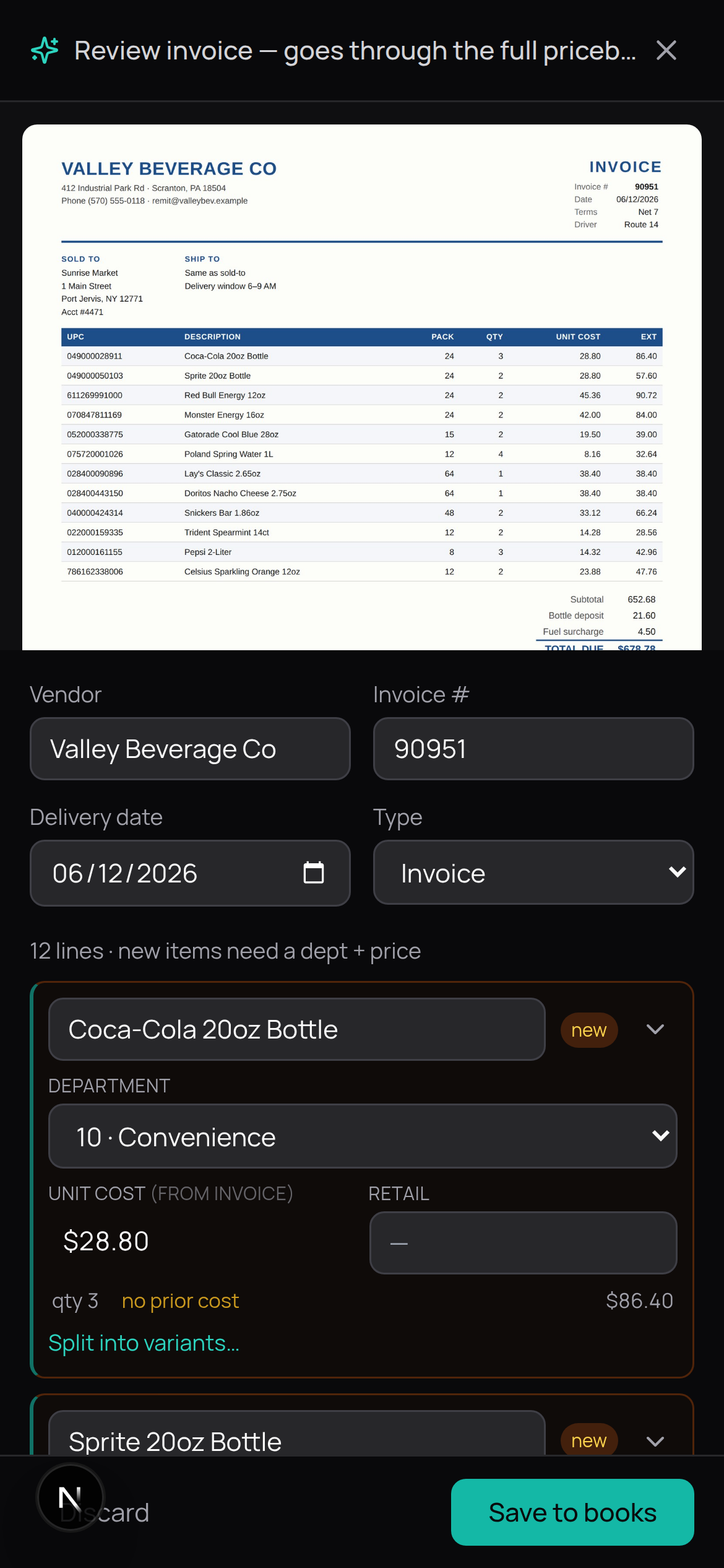 AI invoice reader on mobile — snap a photo, review the parsed lines
