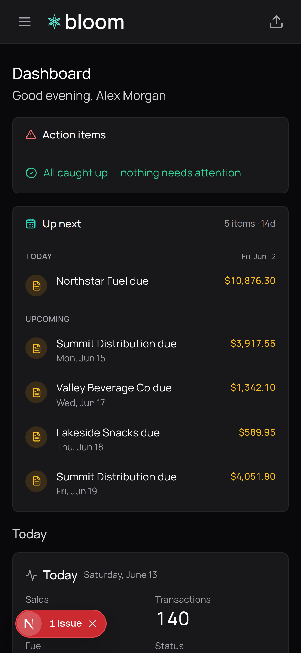 Bloom dashboard on mobile