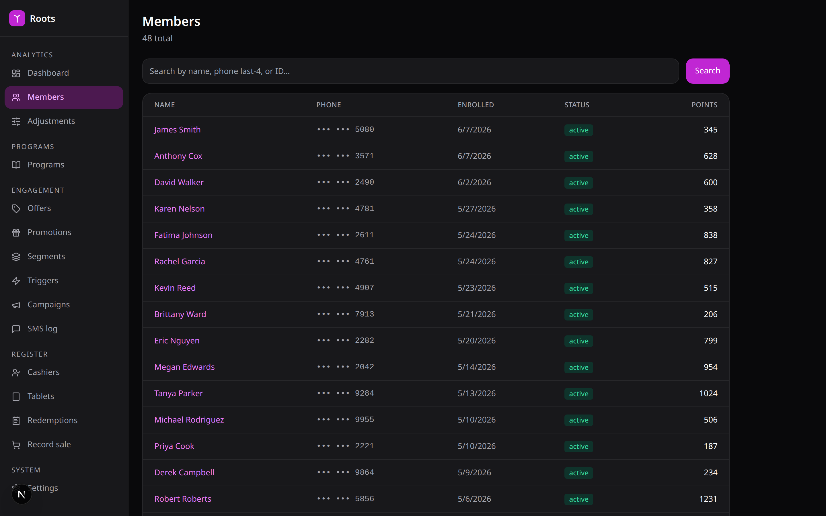 Roots members — loyalty members with points and tiers
