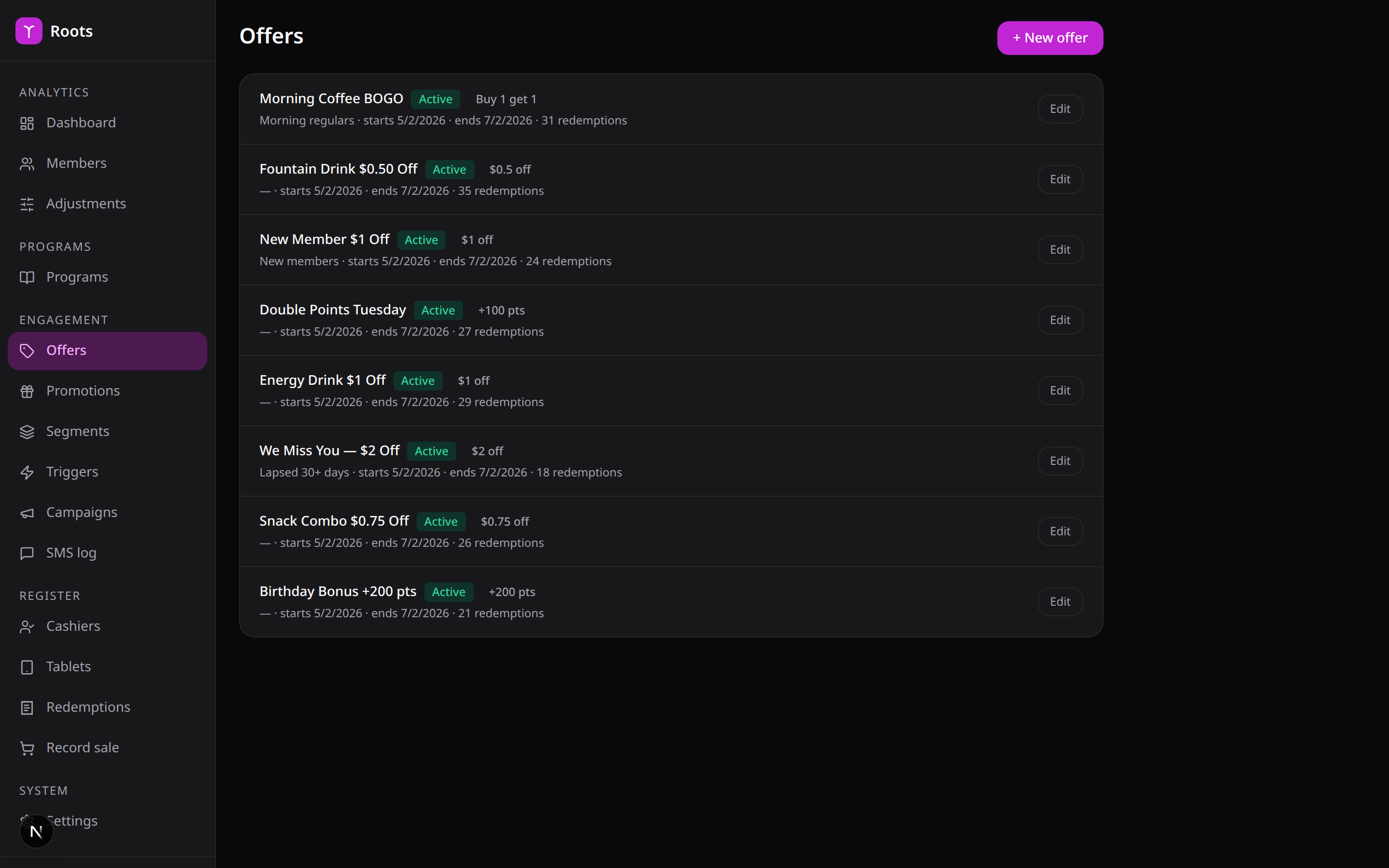 Roots offers — personalized deals with live redemption counts